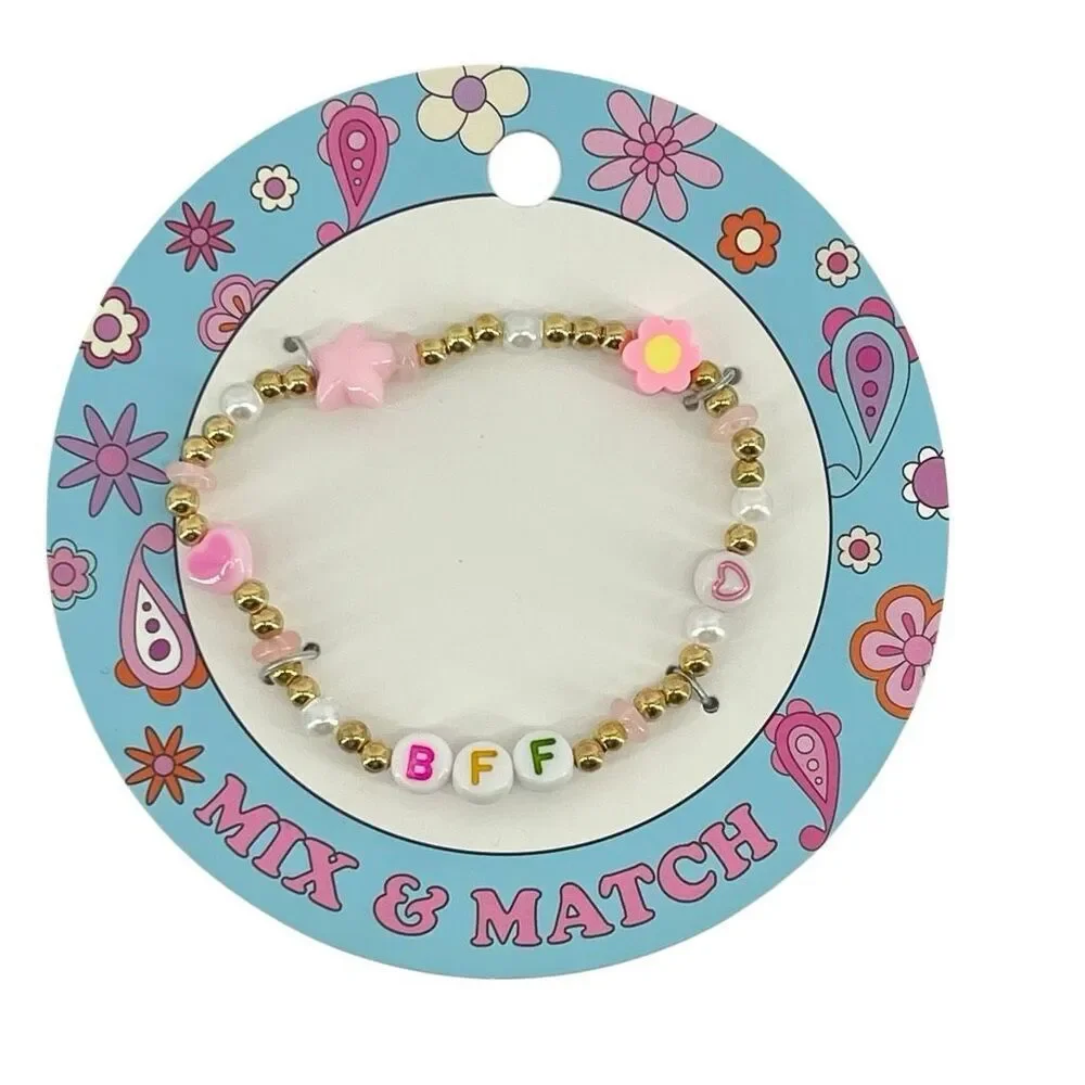 BFF Beaded Friendship Bracelet Gold Tone Pink Heart Flower Girls Women Gift